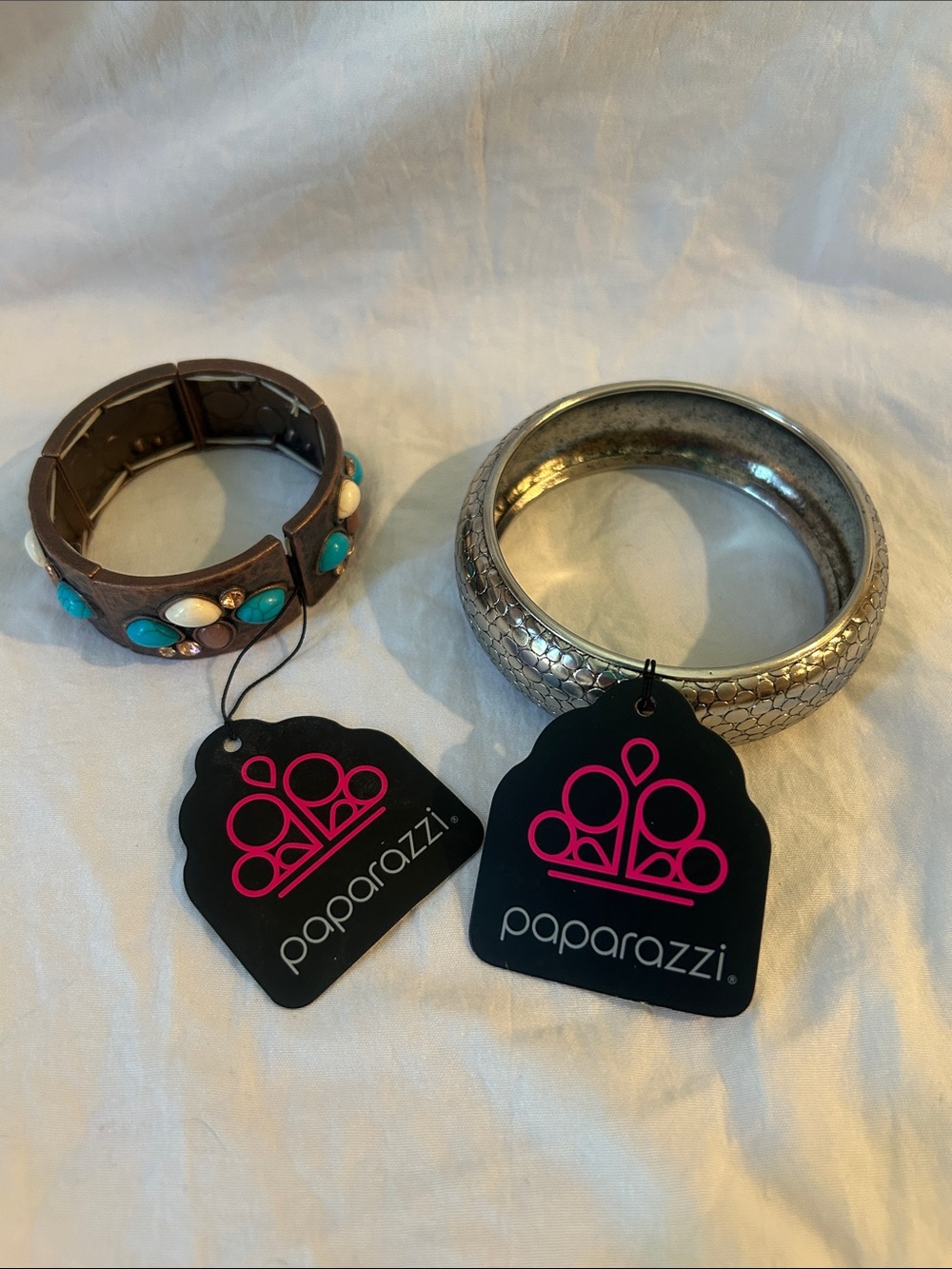 paparazzi Turquoise, Cream & Brown Cuff with Textured Silver Bangle